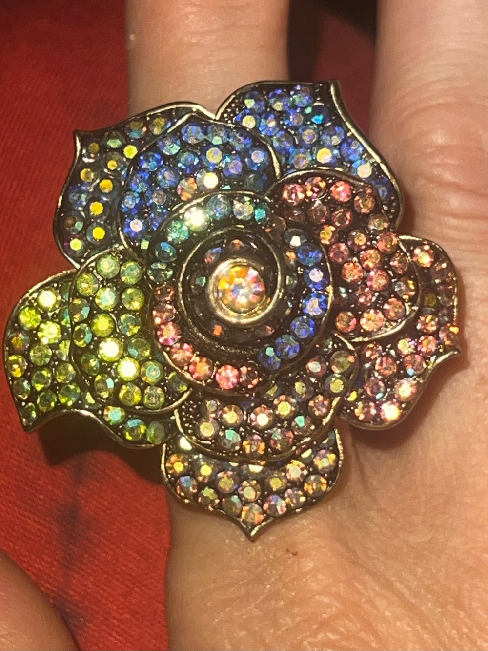 Marshall Rousso Multicolor AB Crystal Flower Statement Stretch Gold Tone Ring